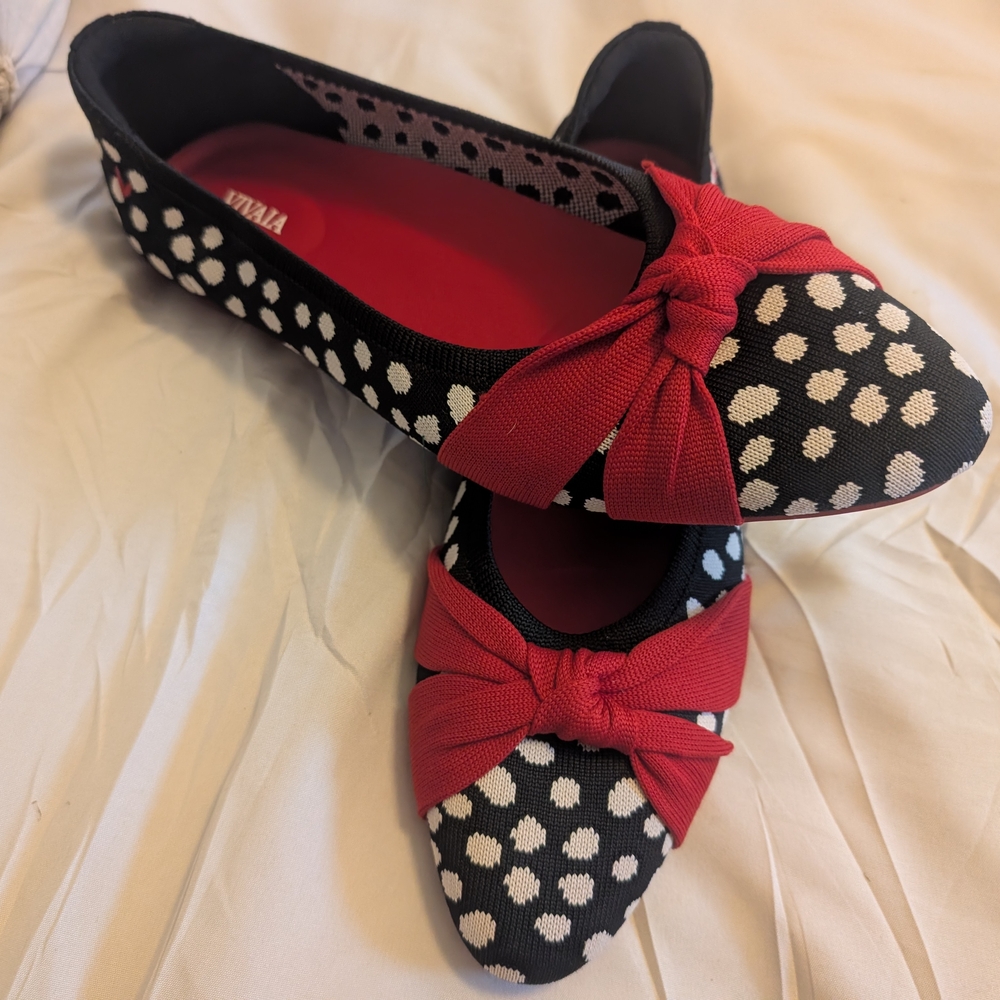 Vivala Black and White Polka Dot Flats with Red Bow